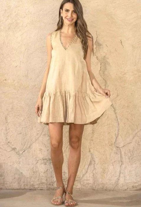 Scarlett Poppies - In The Loops Dress Sleeveless Linen Short Dress in Dark Nude - OutDazl