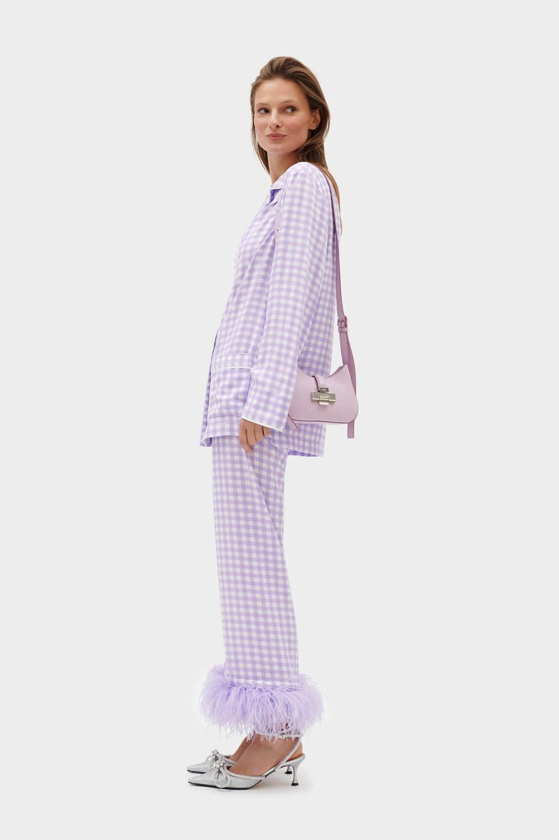 SLEEPER - Gingham Lavender feather-trimmed Party Pajama Set - OutDazl