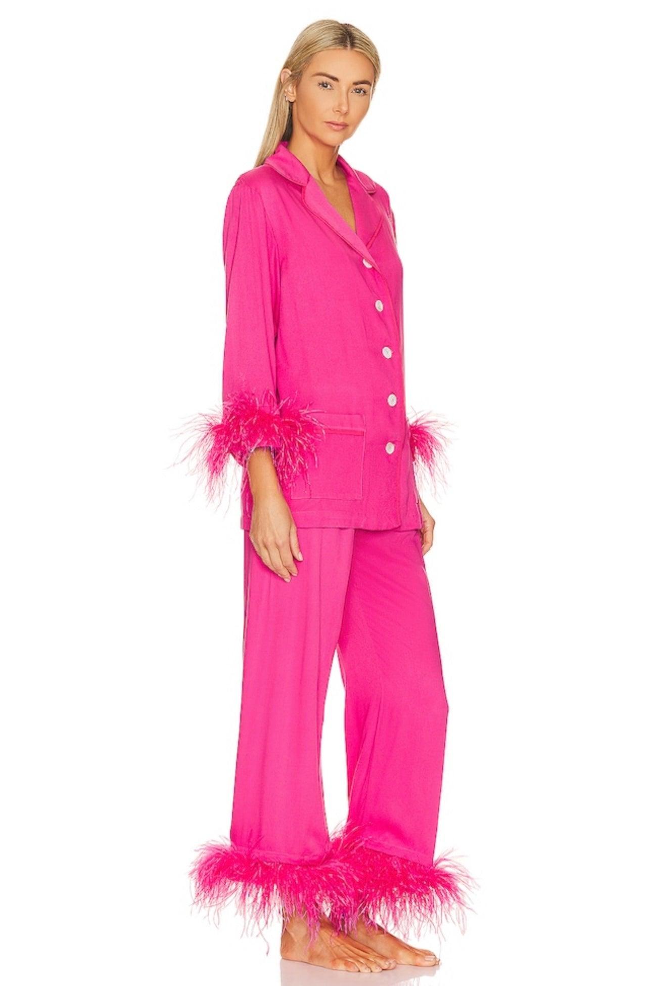 SLEEPER - Hot Pink feather-trimmed Party Pajama Set - OutDazl