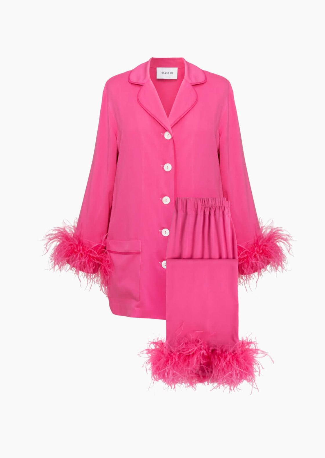 Hot Pink feather-trimmed Party Pajama Set