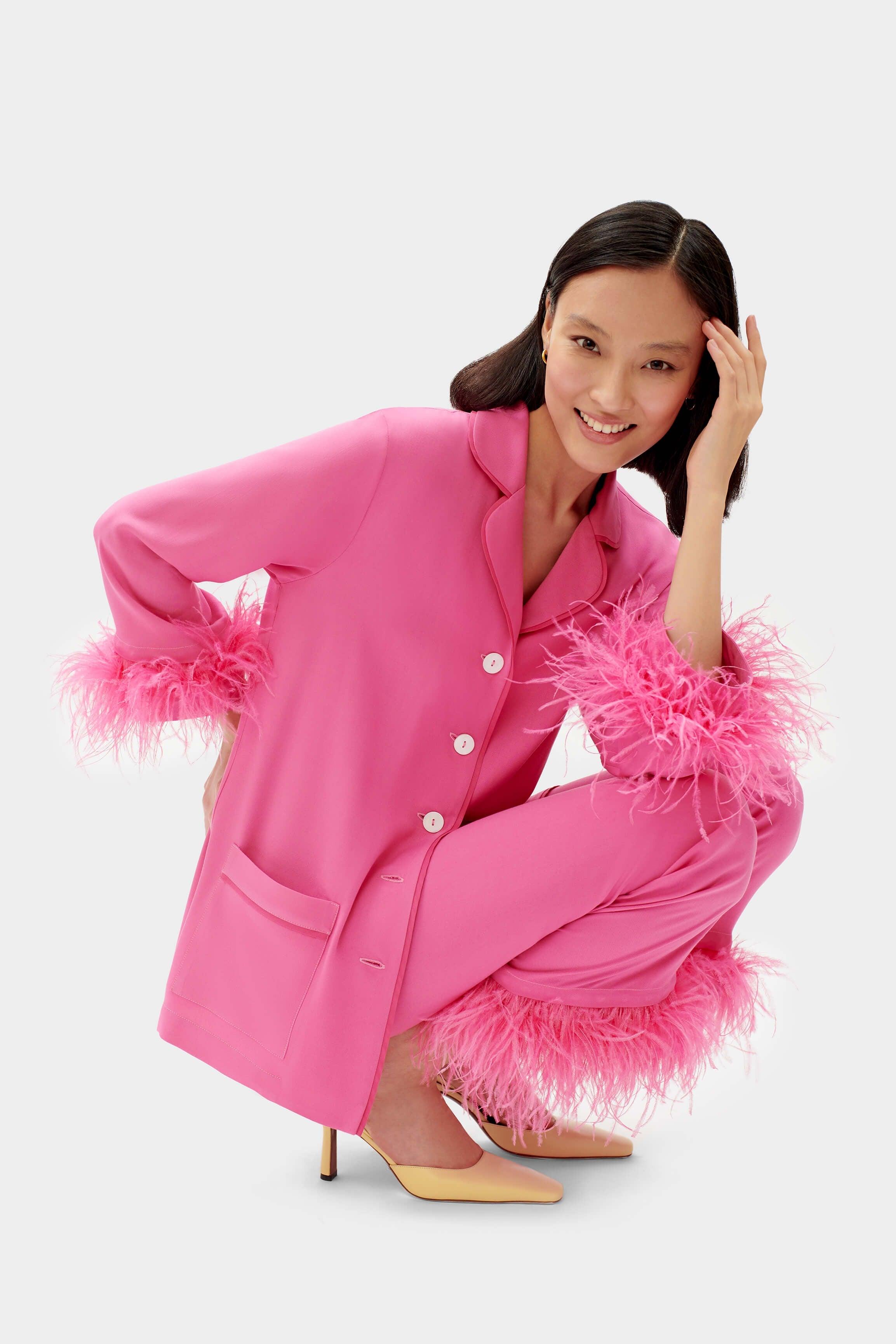 Hot Pink feather-trimmed Party Pajama Set – OutDazl