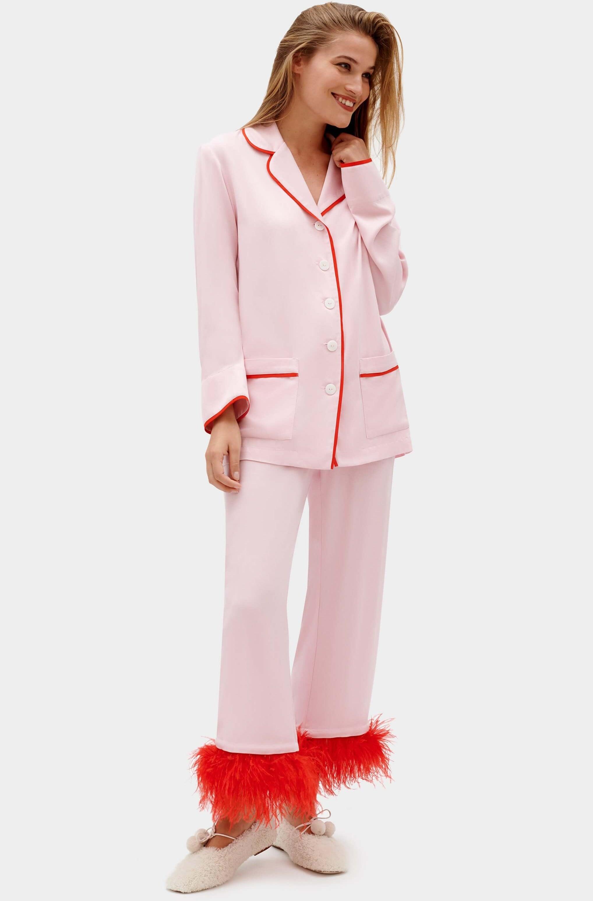 Pink feather-trimmed Party Pajama Set – OutDazl