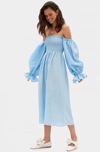SLEEPER - Sleeper Atlanta shirred linen midi dress in Azure - OutDazl