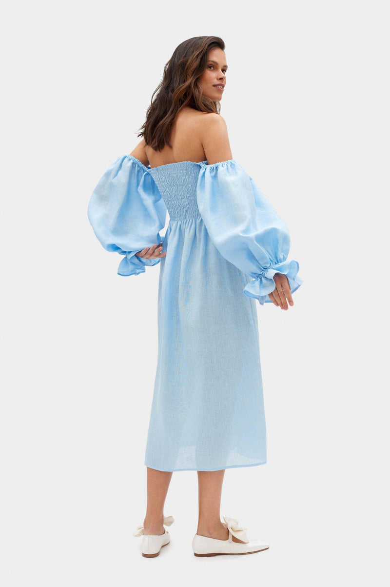 SLEEPER - Sleeper Atlanta shirred linen midi dress in Azure - OutDazl