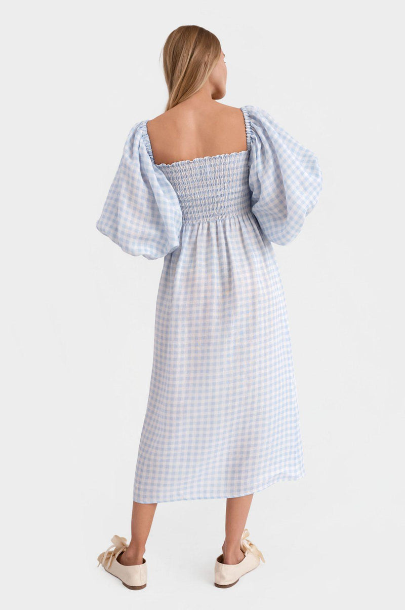 SLEEPER - Sleeper Atlanta shirred linen midi dress in Blue Vichy - OutDazl