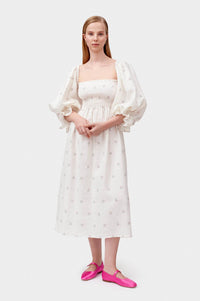 SLEEPER - Sleeper Atlanta shirred linen midi dress in Bouquets - OutDazl