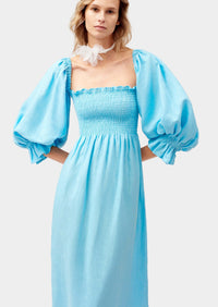 SLEEPER - Sleeper Atlanta shirred linen midi dress in Bright Blue - OutDazl