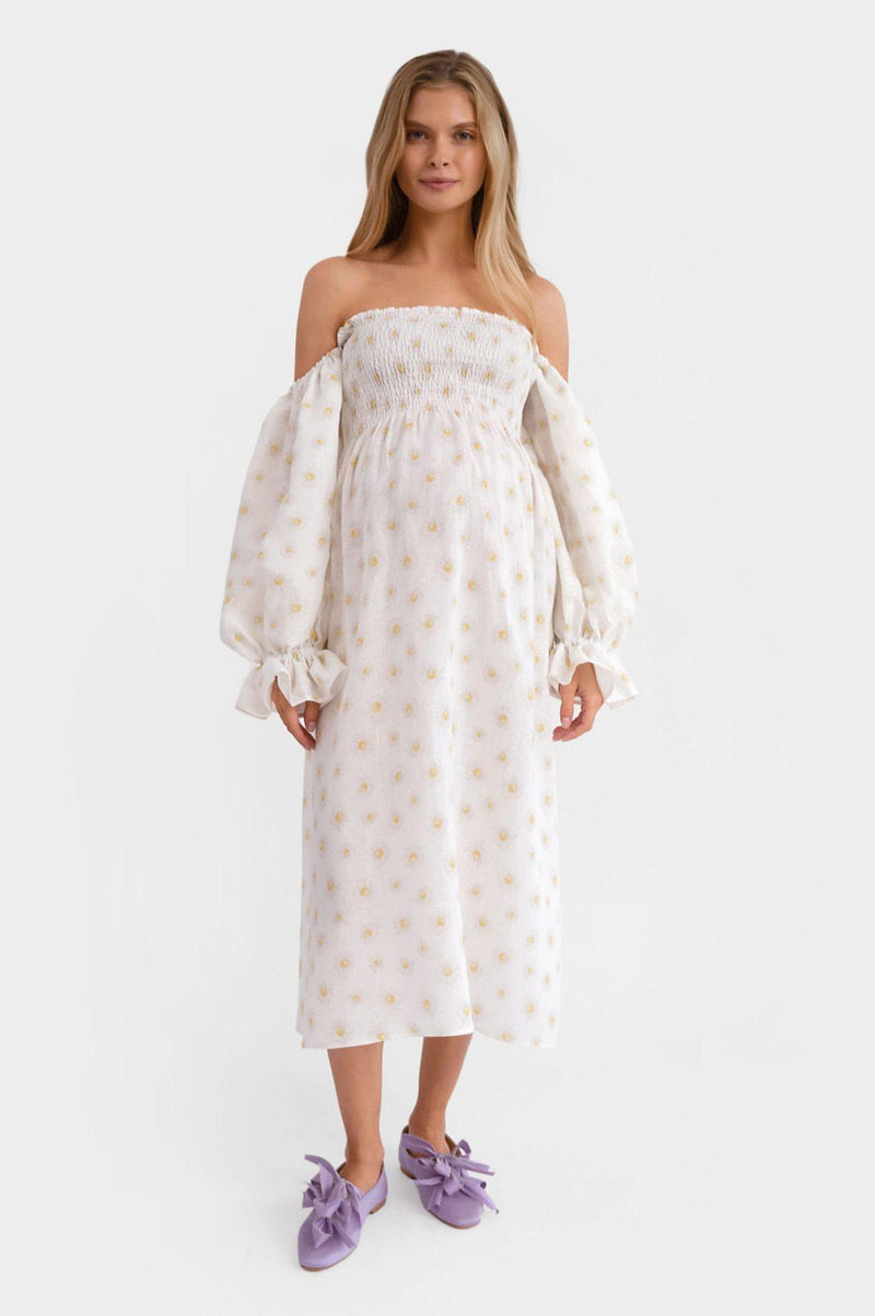 SLEEPER - Sleeper Atlanta shirred linen midi dress in Daisies - OutDazl