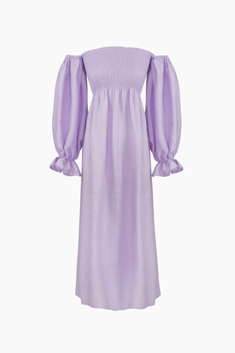 SLEEPER - Sleeper Atlanta shirred linen midi dress in Lavender - OutDazl