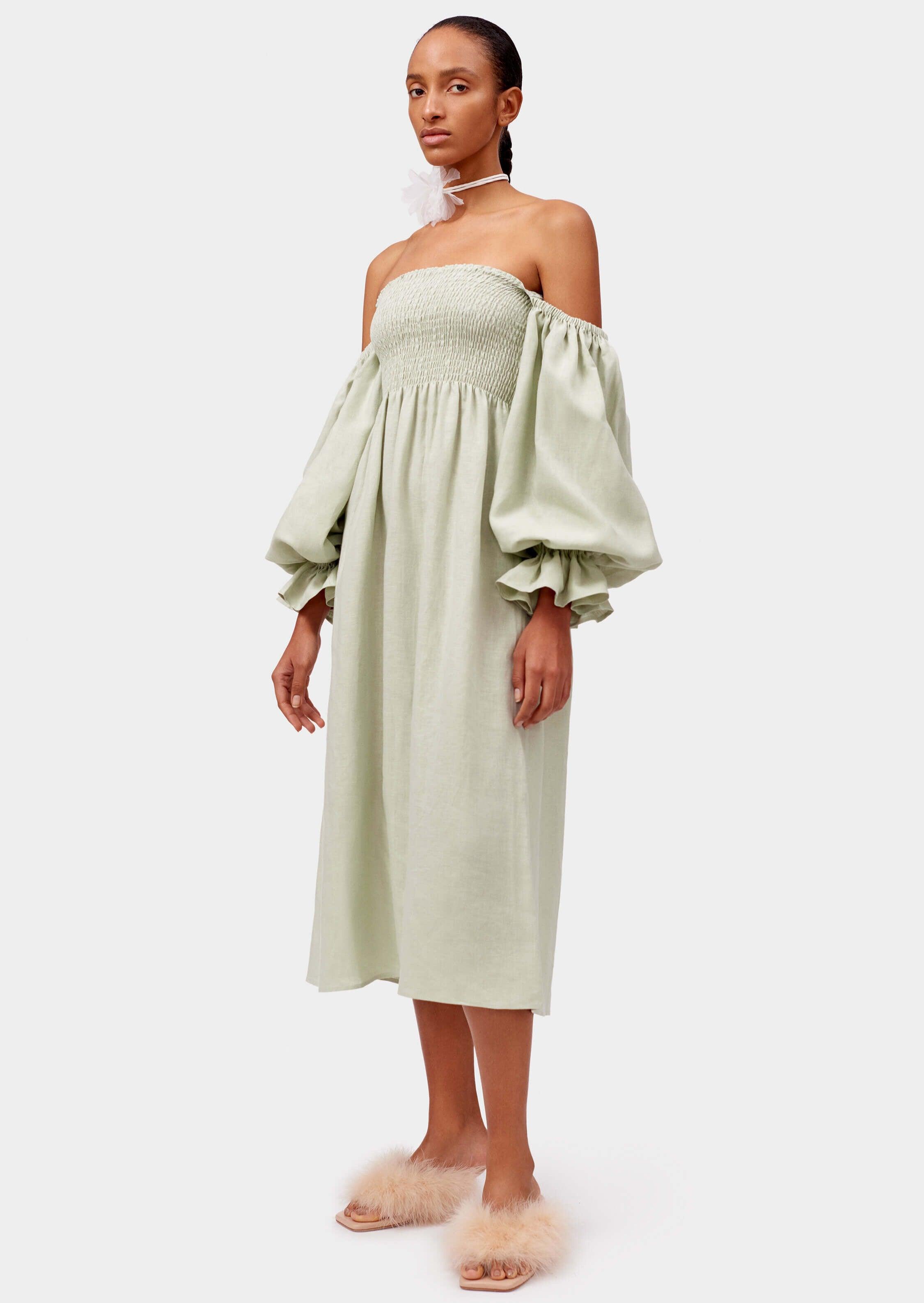 Sleeper Atlanta shirred linen midi dress in Lime – OutDazl