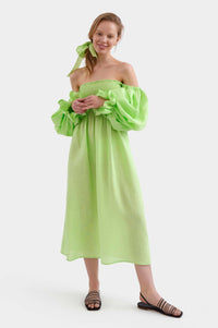 SLEEPER - Sleeper Atlanta shirred linen midi dress in Lime - OutDazl