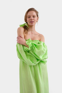 SLEEPER - Sleeper Atlanta shirred linen midi dress in Lime - OutDazl