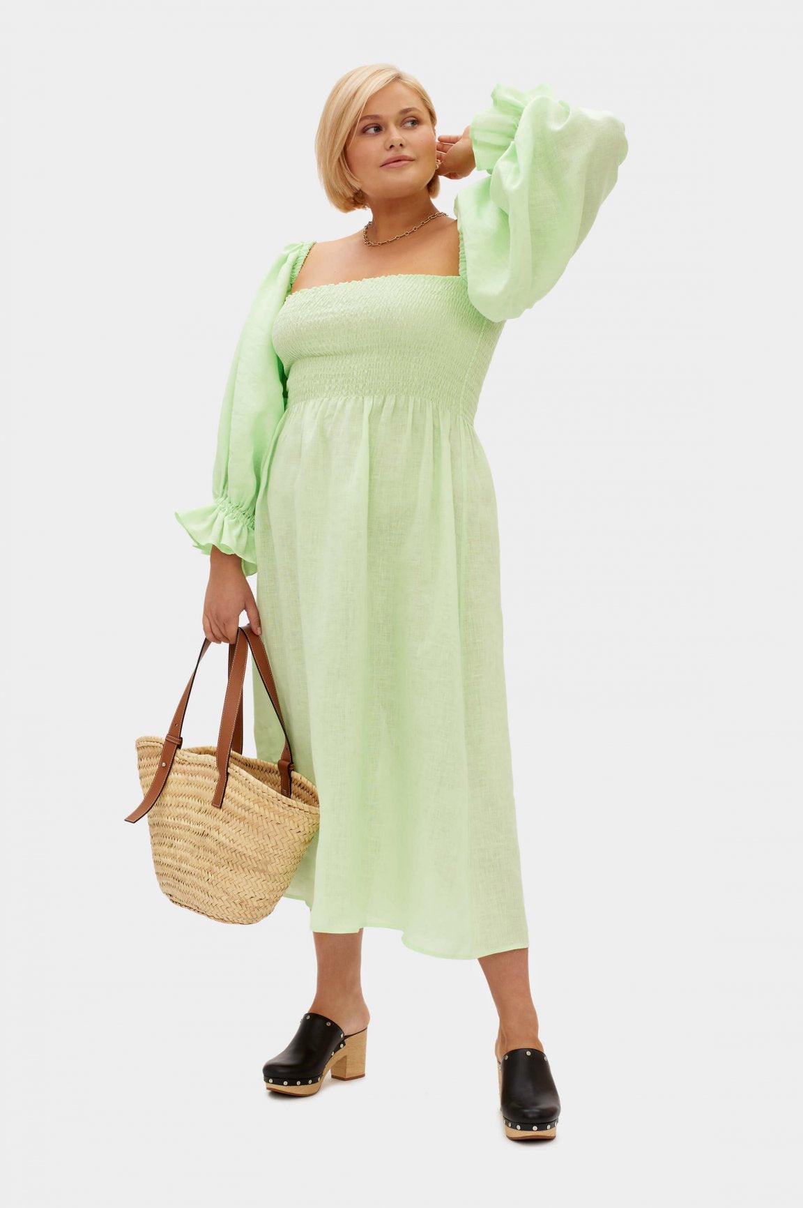 Sleeper Atlanta shirred linen midi dress in Lime – OutDazl