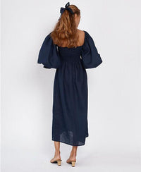SLEEPER - Sleeper Atlanta shirred linen midi dress in Navy - OutDazl