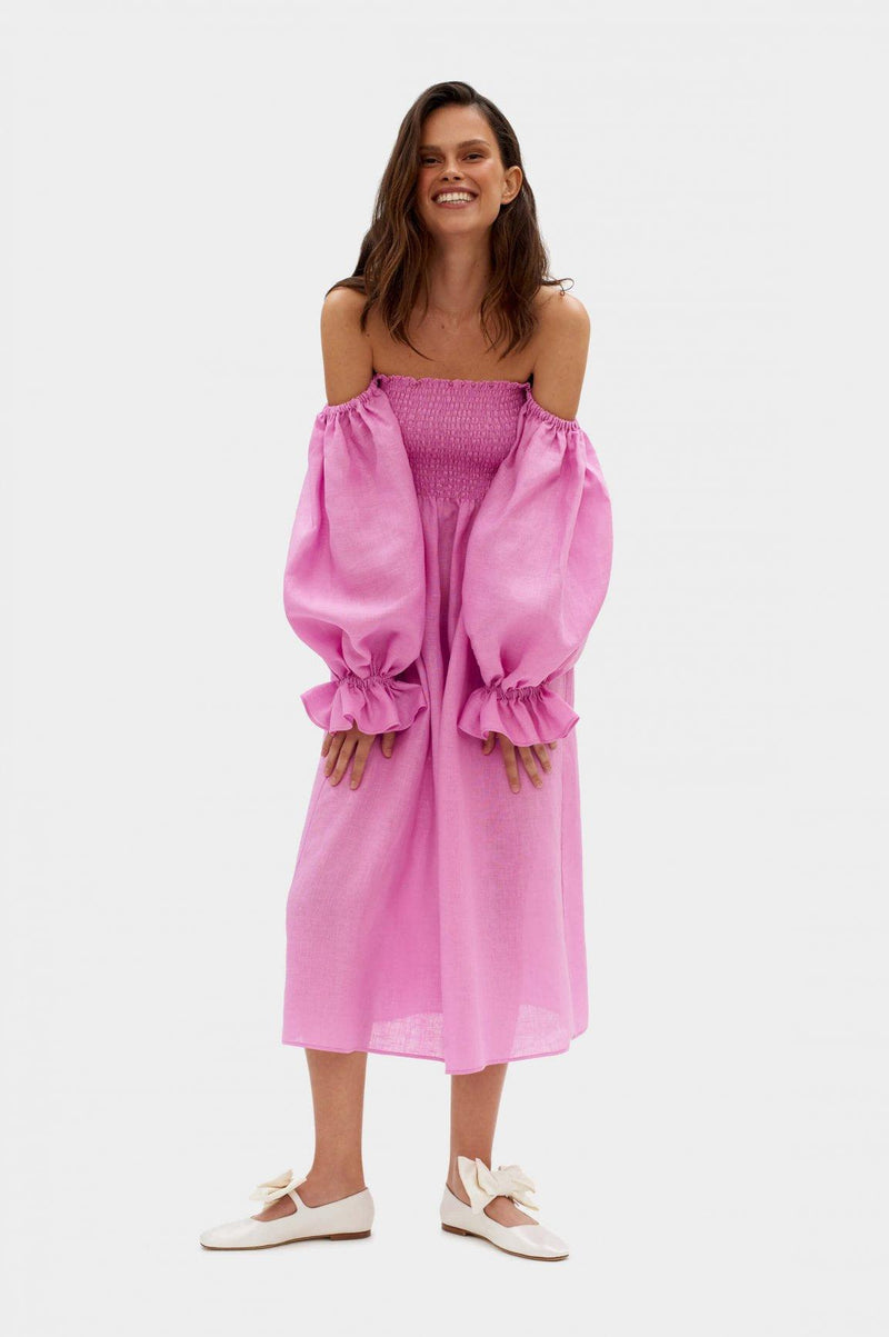 SLEEPER - Sleeper Atlanta shirred linen midi dress in Pink - OutDazl
