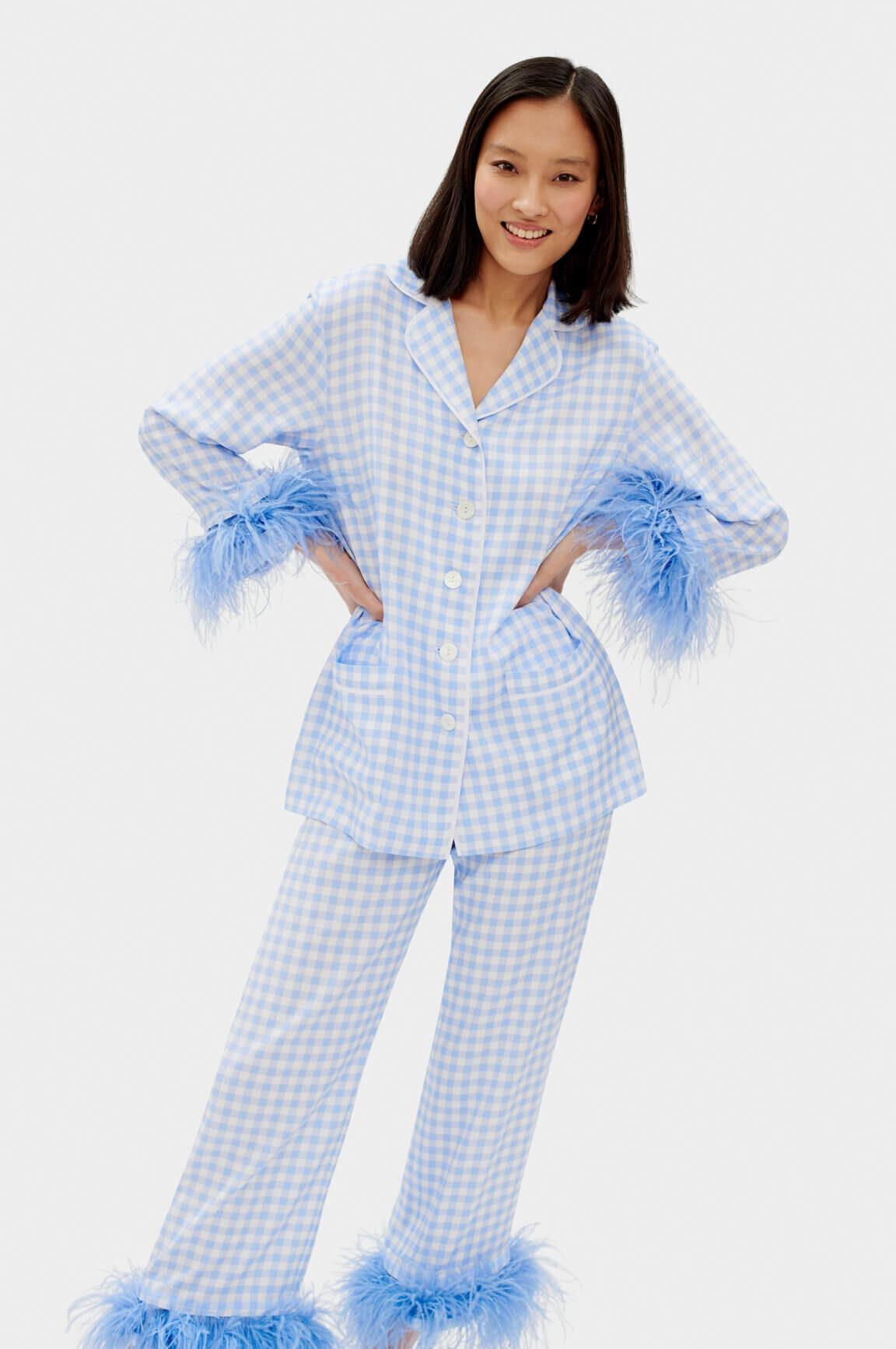 Sleeper Blue Vichy feather-trimmed Party Pajama Set