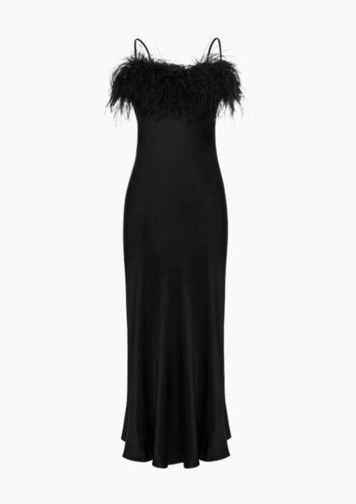 SLEEPER - Sleeper Boheme Slip Dress With Feathers in Black - OutDazl