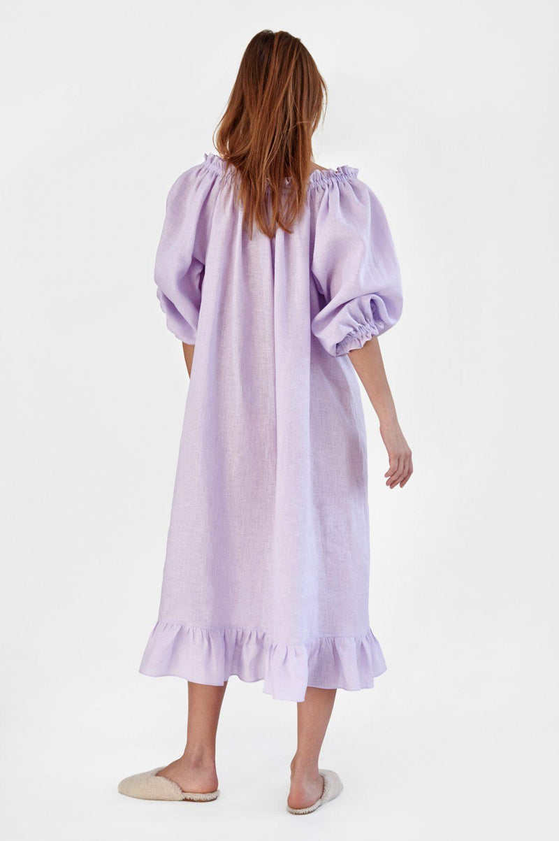 SLEEPER - Sleeper Loungewear Linen Midi Dress in Lavender - OutDazl