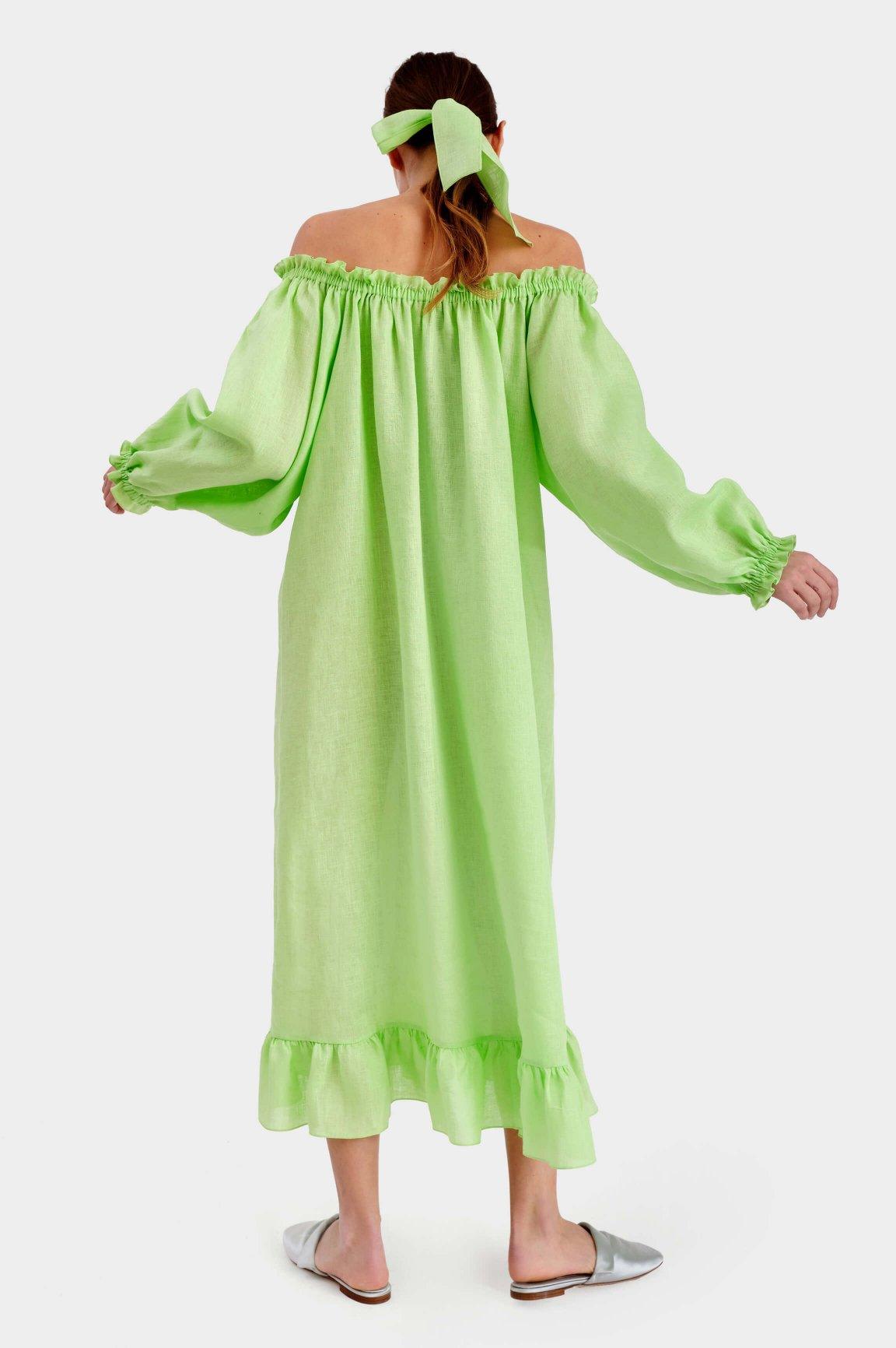 Sleeper Atlanta shirred linen midi dress in Lime