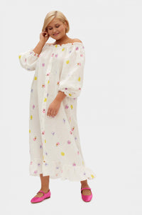 SLEEPER - Sleeper Loungewear Linen Midi Dress in Pansies - OutDazl