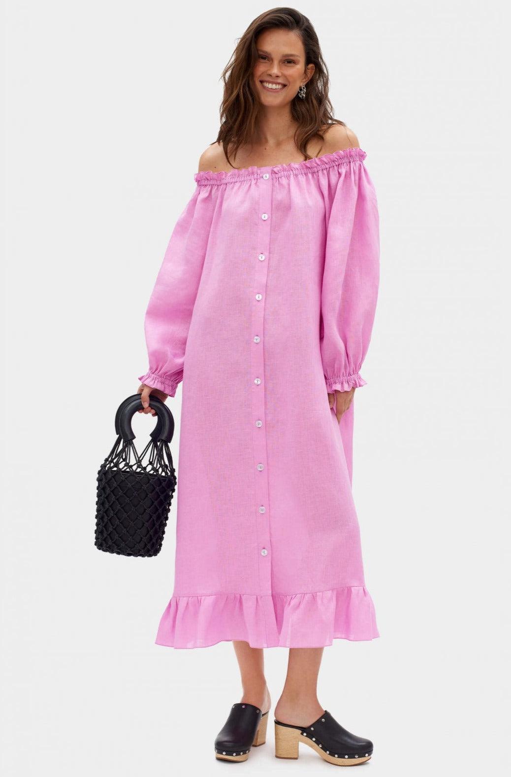 SLEEPER - Sleeper Loungewear Linen Midi Dress in Pink - OutDazl