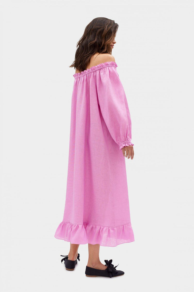 SLEEPER - Sleeper Loungewear Linen Midi Dress in Pink - OutDazl