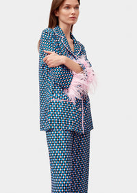 SLEEPER - Sleeper Navy checked feather-trimmed Party Pajama Set - OutDazl