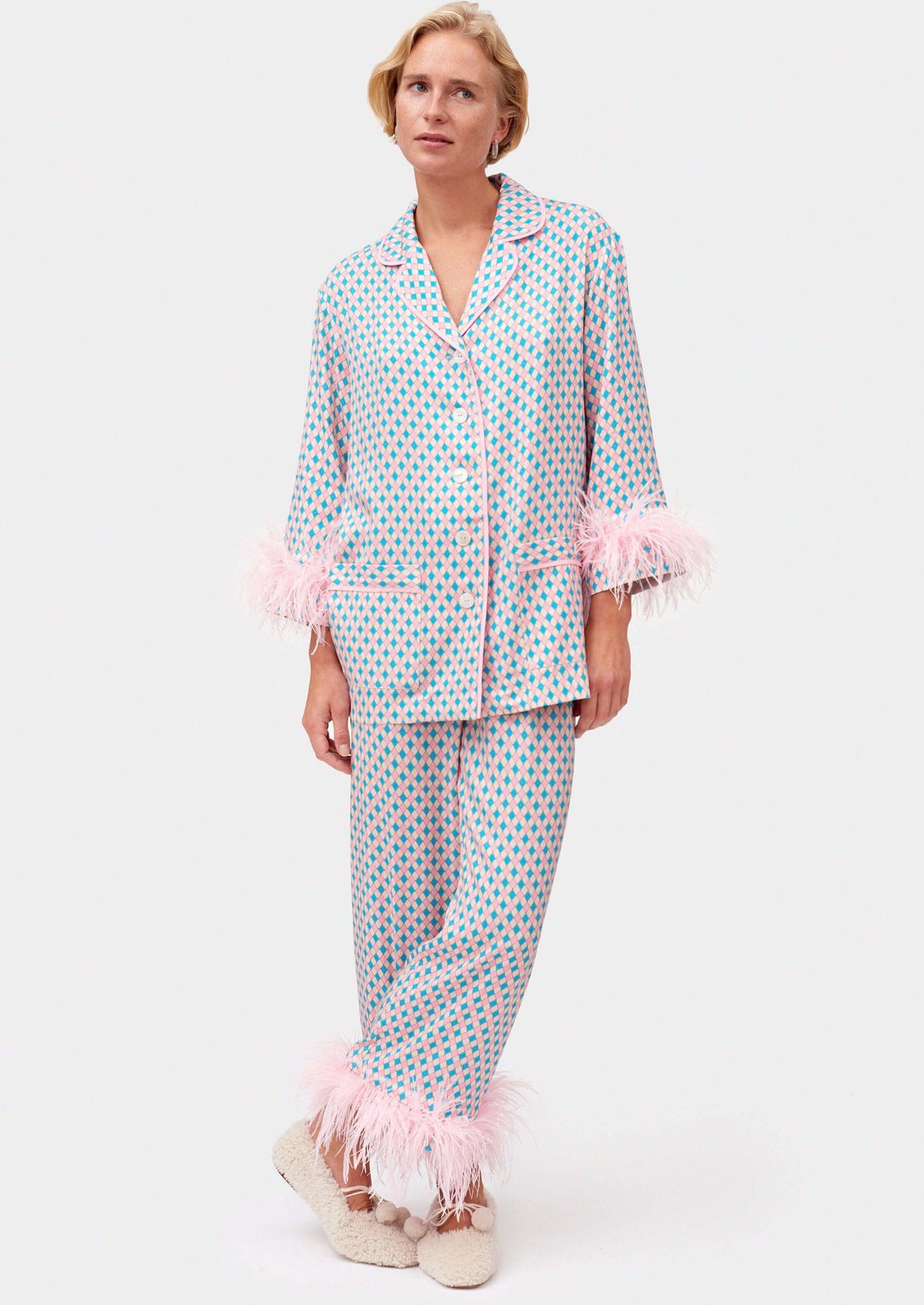 SLEEPER - Sleeper Pink Print feather-trimmed Party Pajama Set - OutDazl