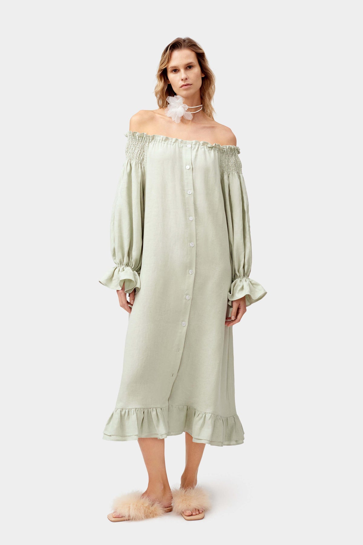 SLEEPER - Sleeper Romantica Linen dress in Pistachio Green - OutDazl