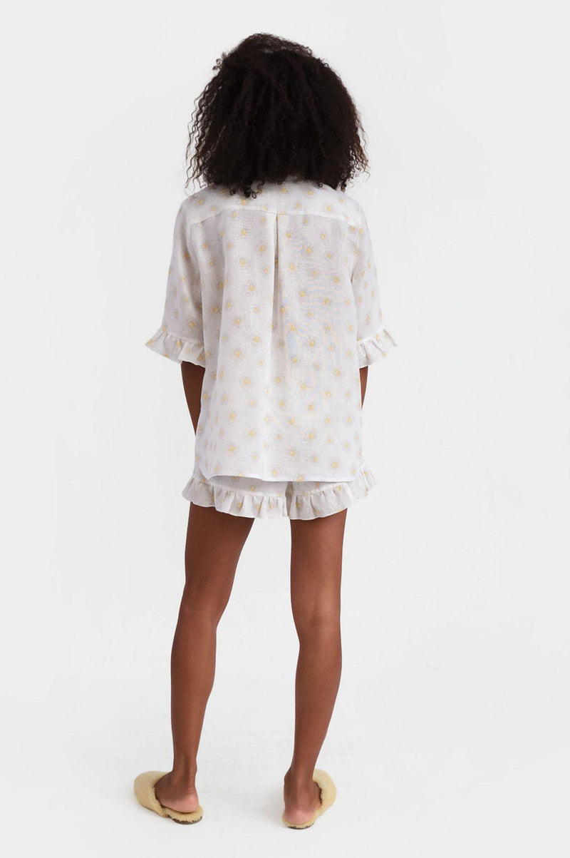 SLEEPER - Sleeper Ruffled Linen Lounge Suit in Daisies - OutDazl