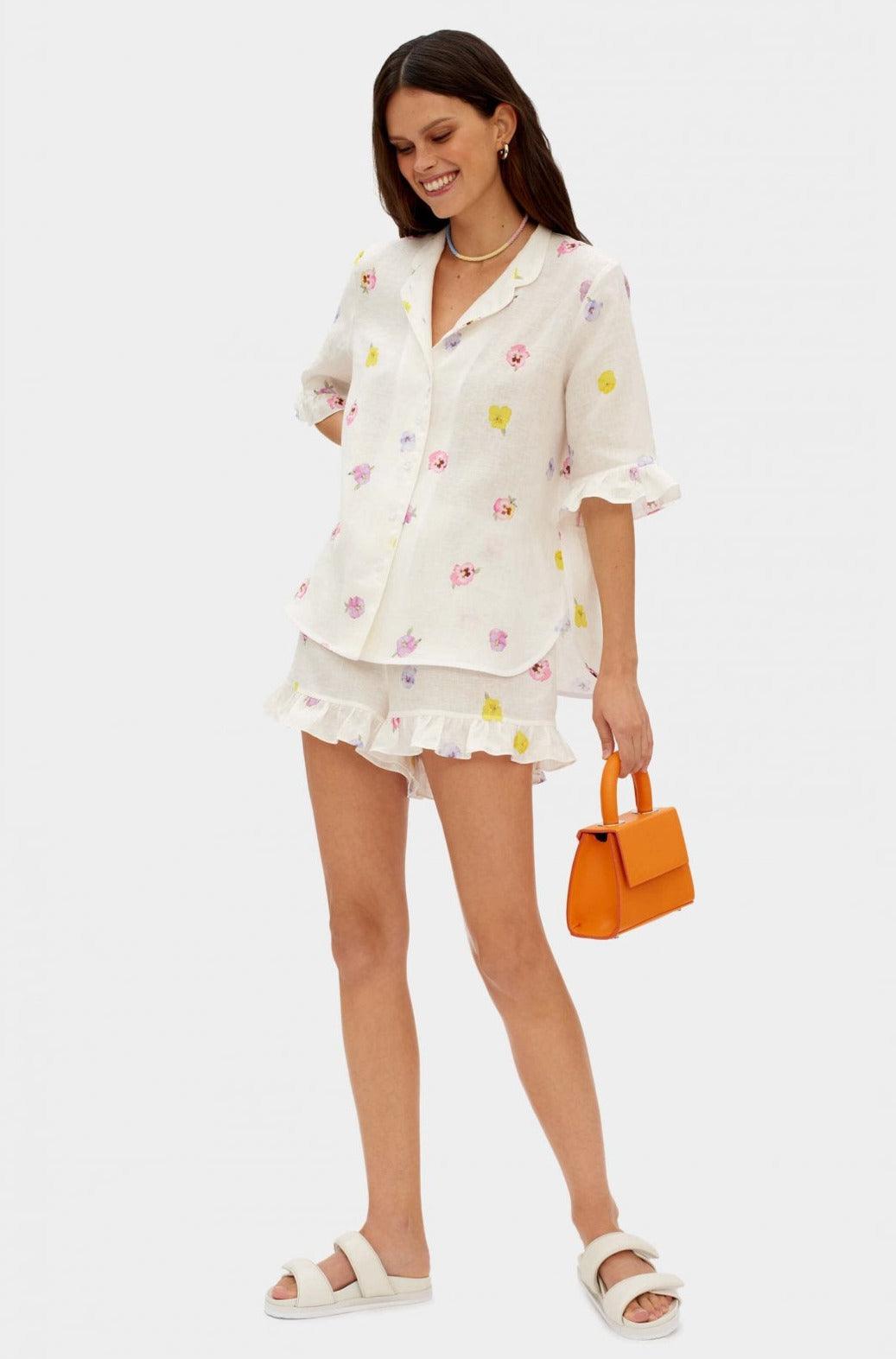 Sleeper Ruffled Linen Lounge Suit in Pansies OutDazl