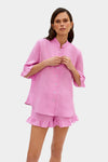 SLEEPER - Sleeper Ruffled Linen Lounge Suit in Pink - OutDazl