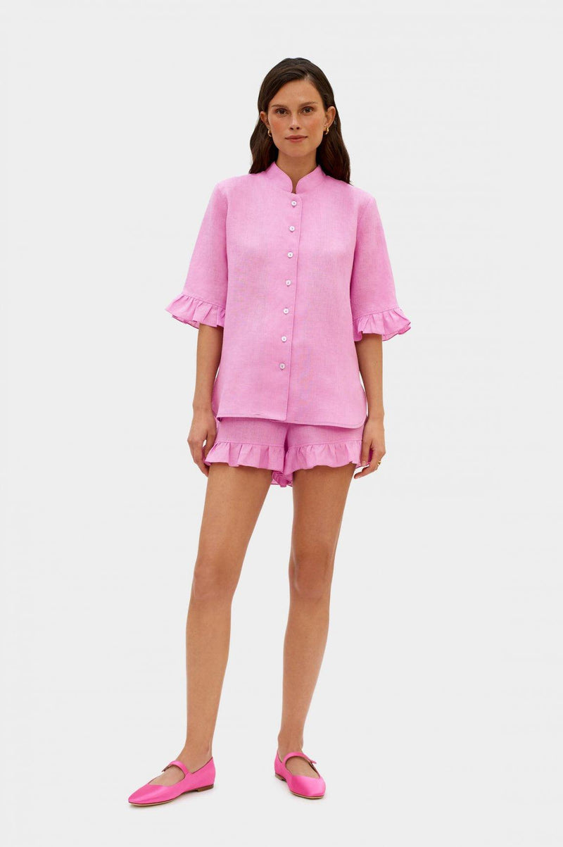 SLEEPER - Sleeper Ruffled Linen Lounge Suit in Pink - OutDazl