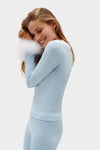 SLEEPER - Sleeper The Weekend Chic Feather-trim woven Pyjama set in Blue - OutDazl