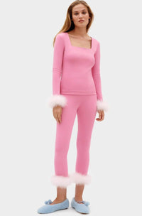 SLEEPER - The Weekend Chic Feather-trim woven Pyjama set in Pink - OutDazl