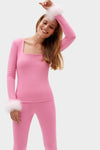 SLEEPER - The Weekend Chic Feather-trim woven Pyjama set in Pink - OutDazl