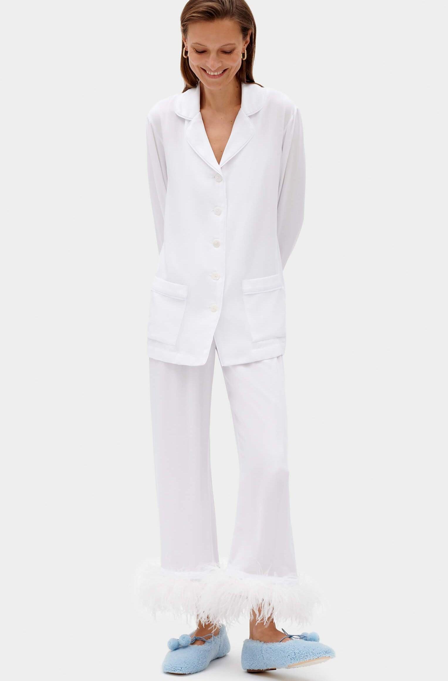 SLEEPER - White feather-trimmed Party Pajama Set - OutDazl