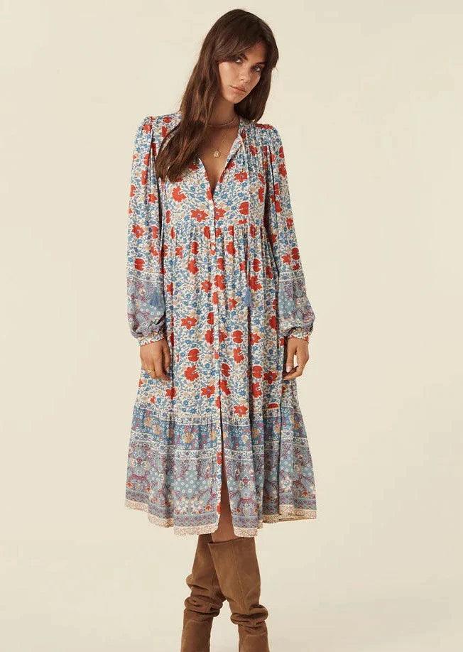 SPELL - Cha Cha Village Buttoned Midi Dress in Sky - OutDazl
