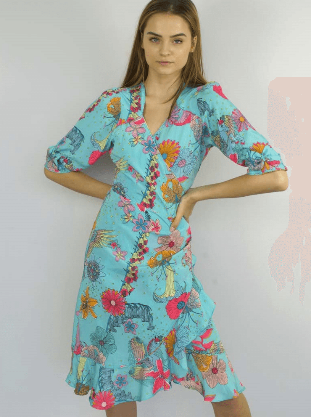 Stardust - Floral Wrap Midi Dress Sweetheart in Teal Print - OutDazl
