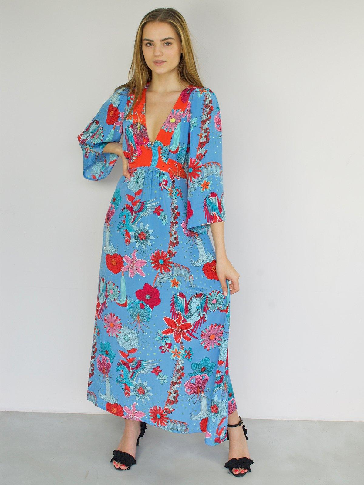 Stardust - Folk Maxi Dress in Blue/Red Print - OutDazl