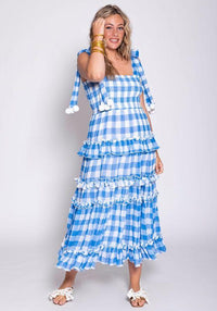 Sundress - Berenice Gingham Blue dress with Pompoms - OutDazl