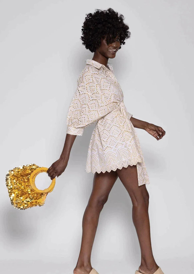 Sundress - Florine Shirt Dress in Eyelet Gold - OutDazl