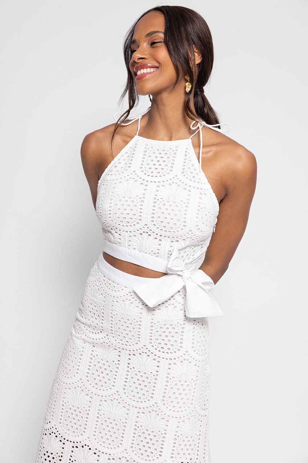 White eyelet halter hot sale dress