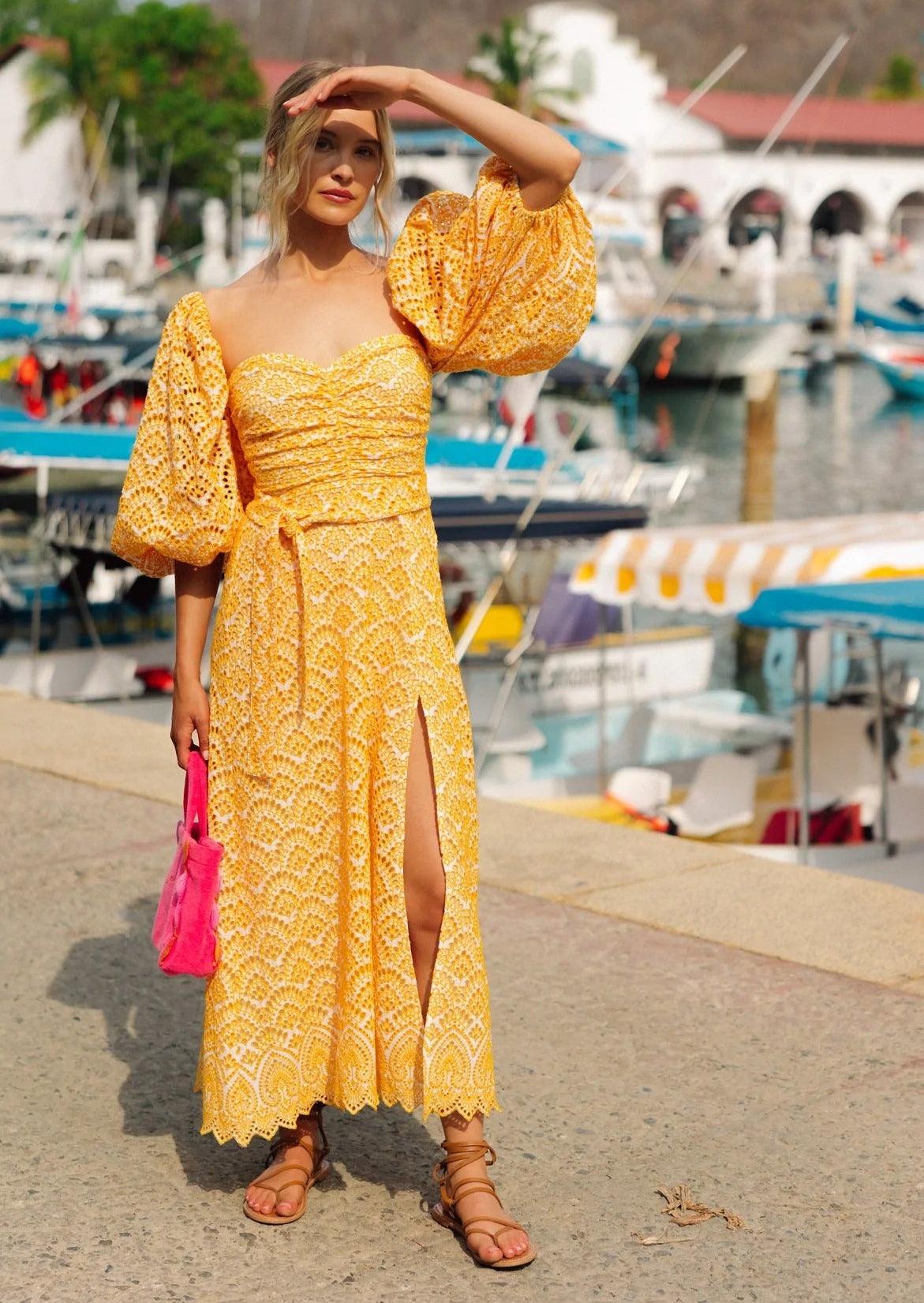 Lia Long Dress in Eyelet Yellow – OutDazl