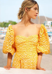 Sundress - Lia Long Dress in Eyelet Yellow - OutDazl