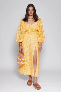 Sundress - Lia Long Dress in Eyelet Yellow - OutDazl