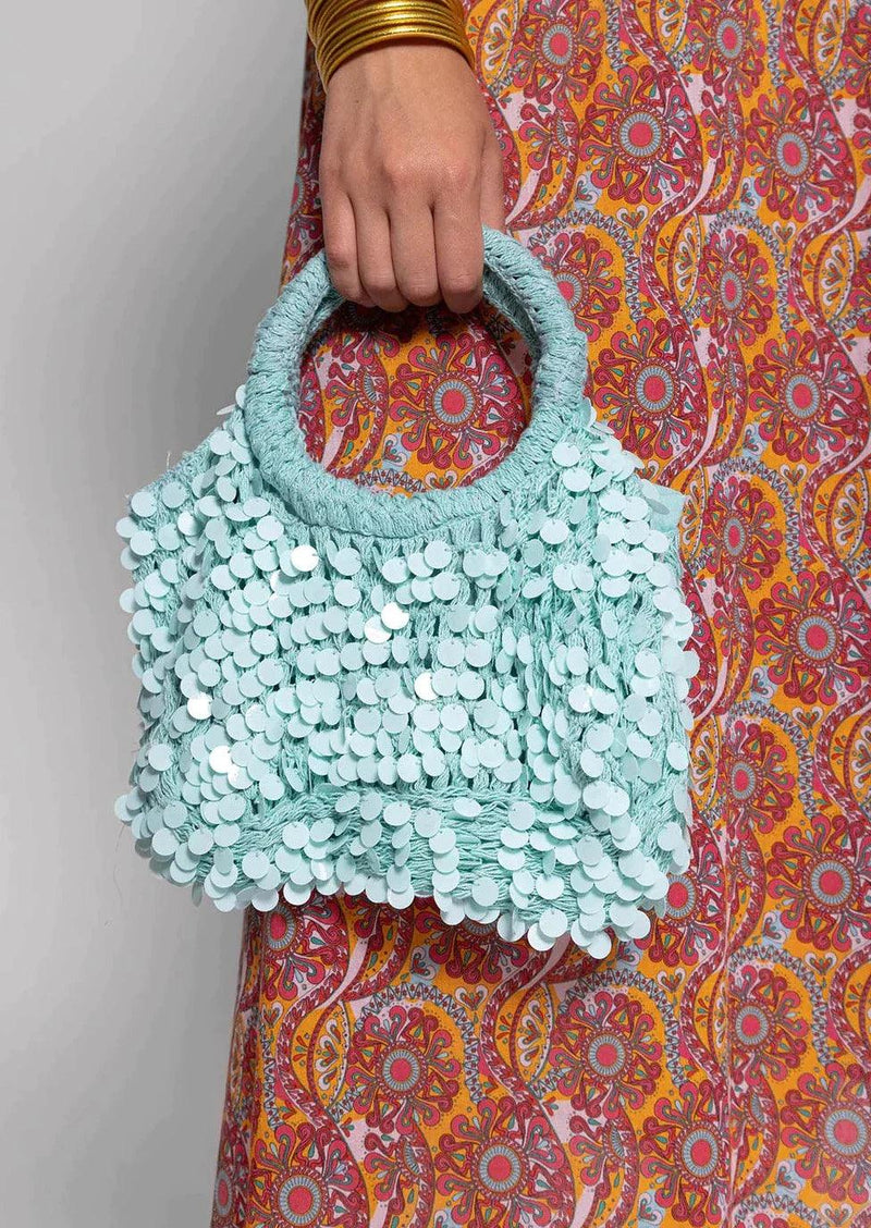 Sundress - Marley Crochet Sequin Bag in Aqua - OutDazl