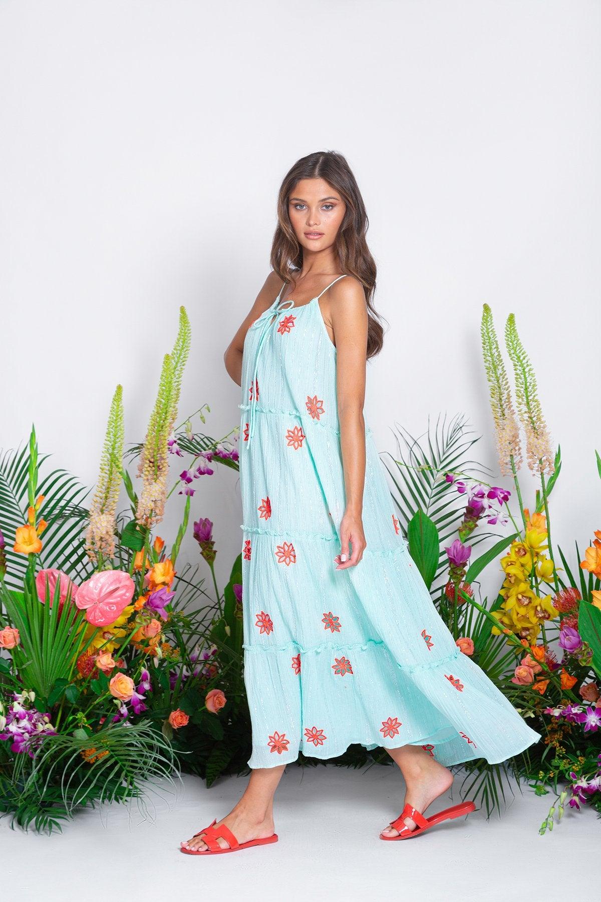 Sundress - Maureen Maxi Dress in Pacific & Neon Coral - OutDazl