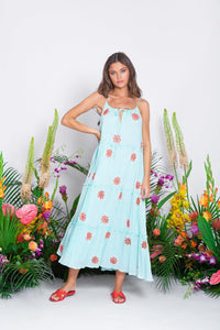 Sundress - Maureen Maxi Dress in Pacific & Neon Coral - OutDazl