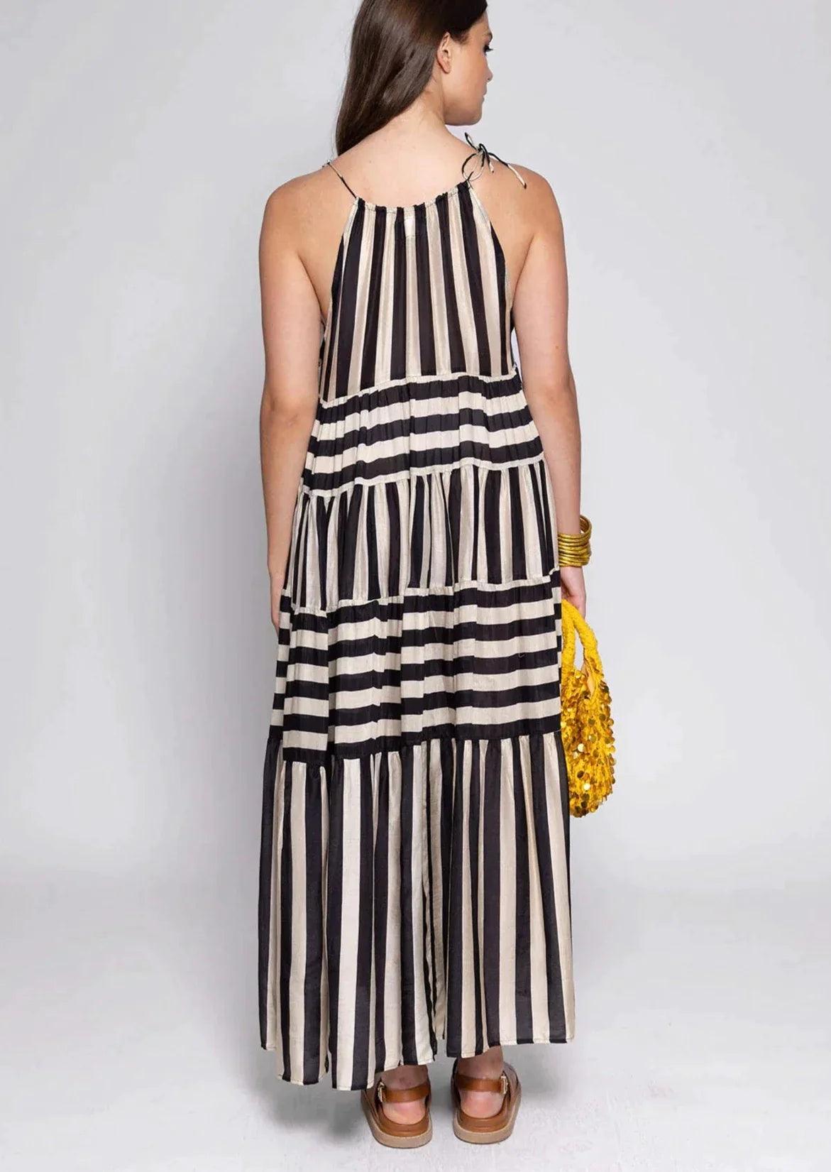 Sundress - Valeria Black and Off White Stripe Dress - OutDazl